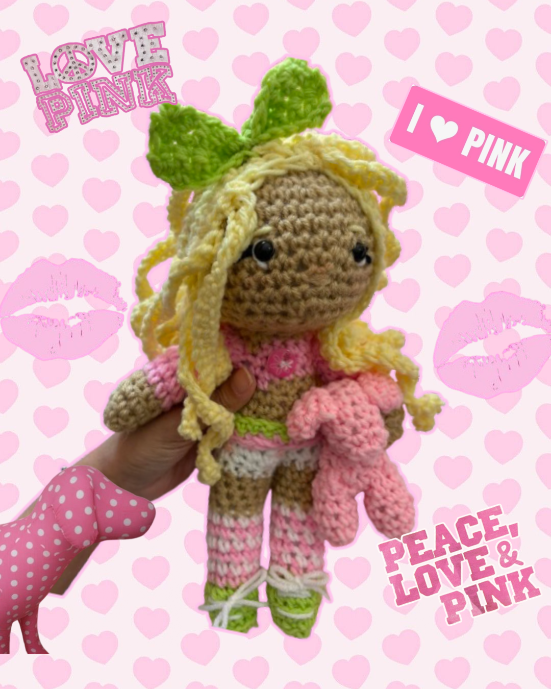Pink and green runway crochet doll