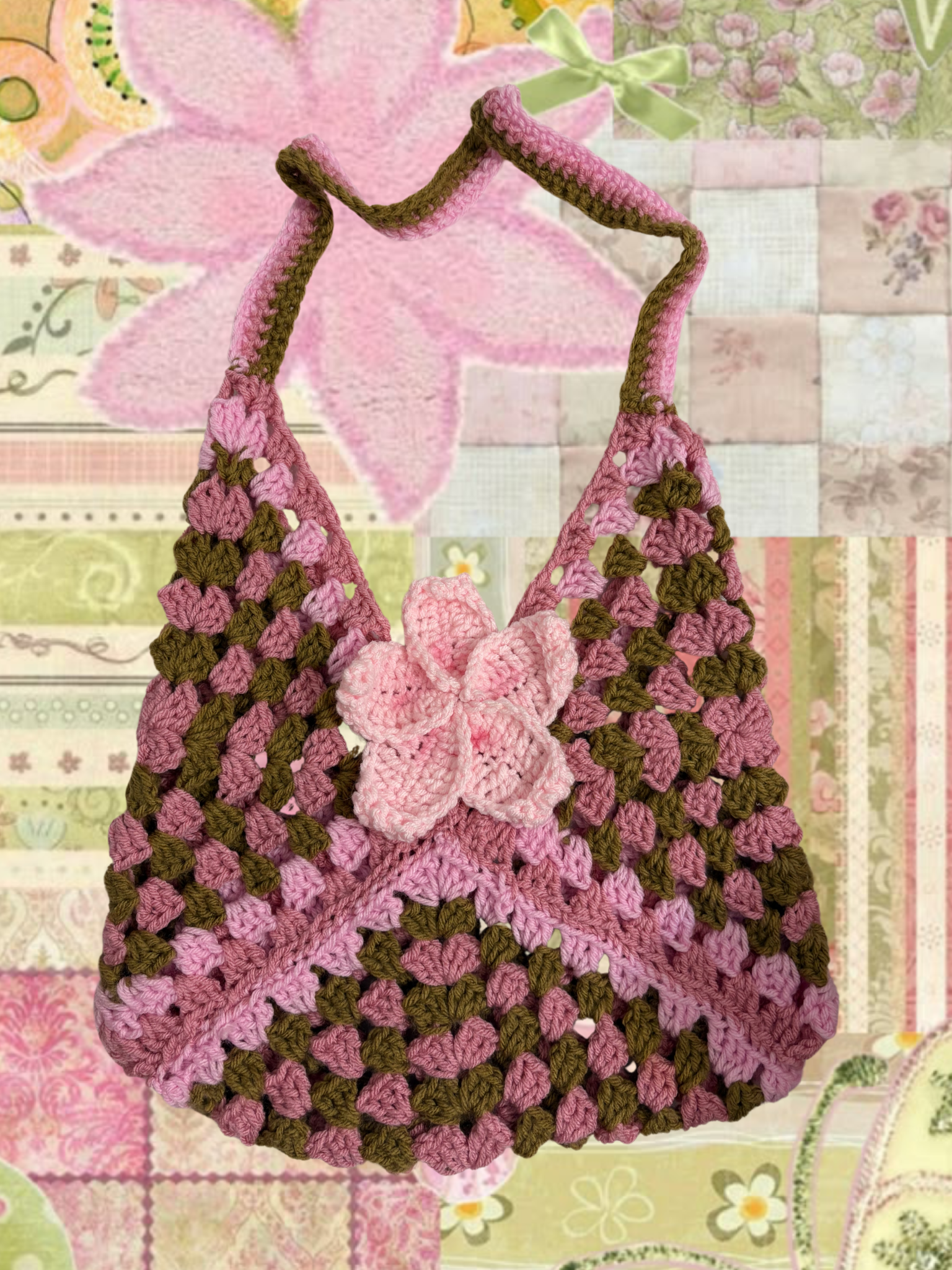 Pink & Brown plumeria granny square bag