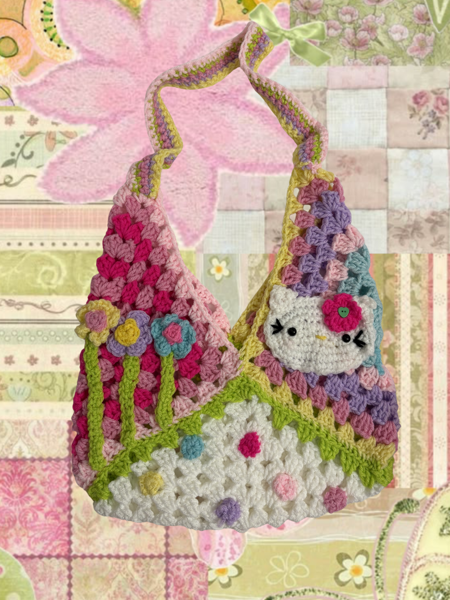 Kidcore kitty granny square bag