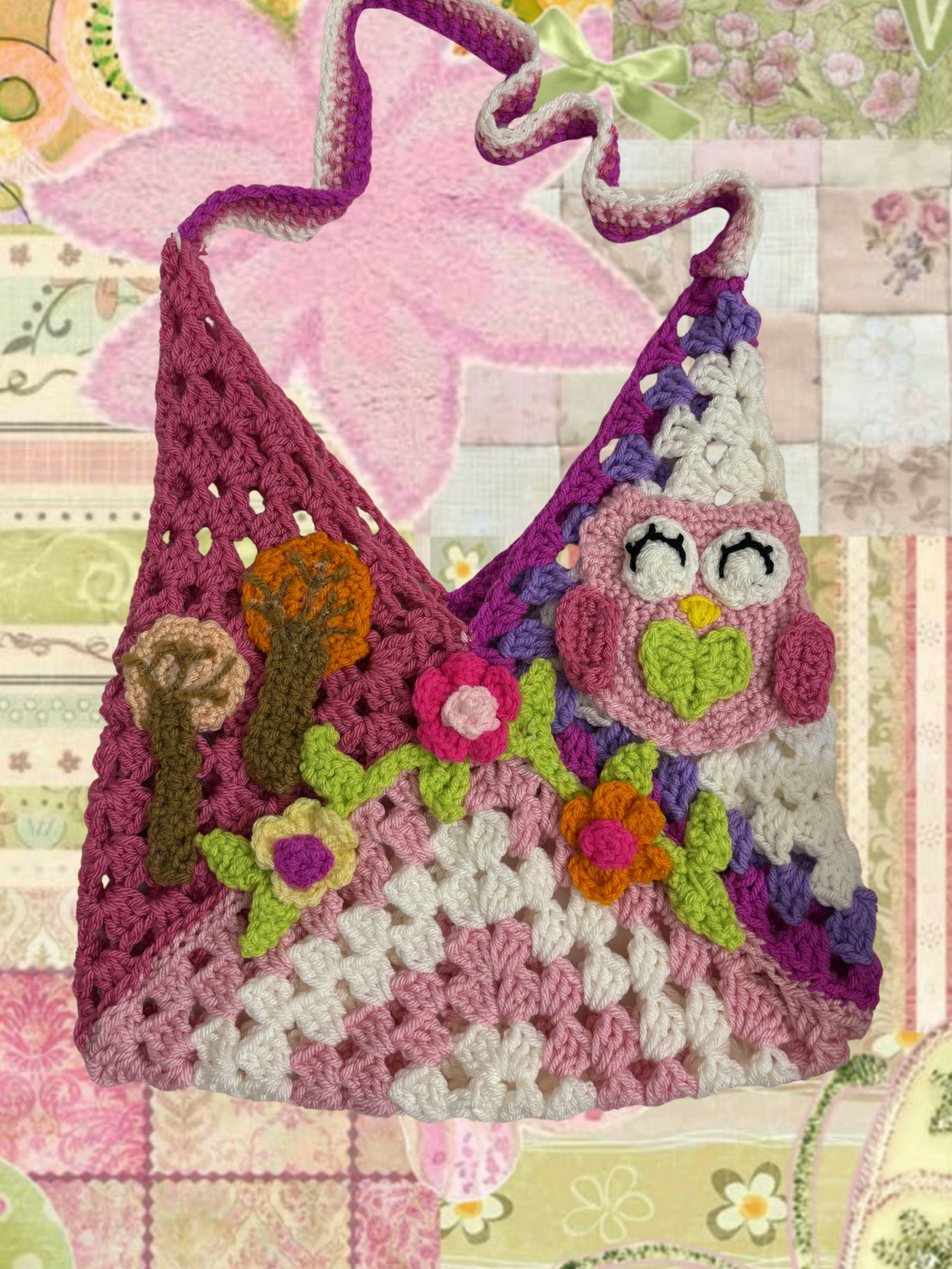 Cheery owl granny square bag