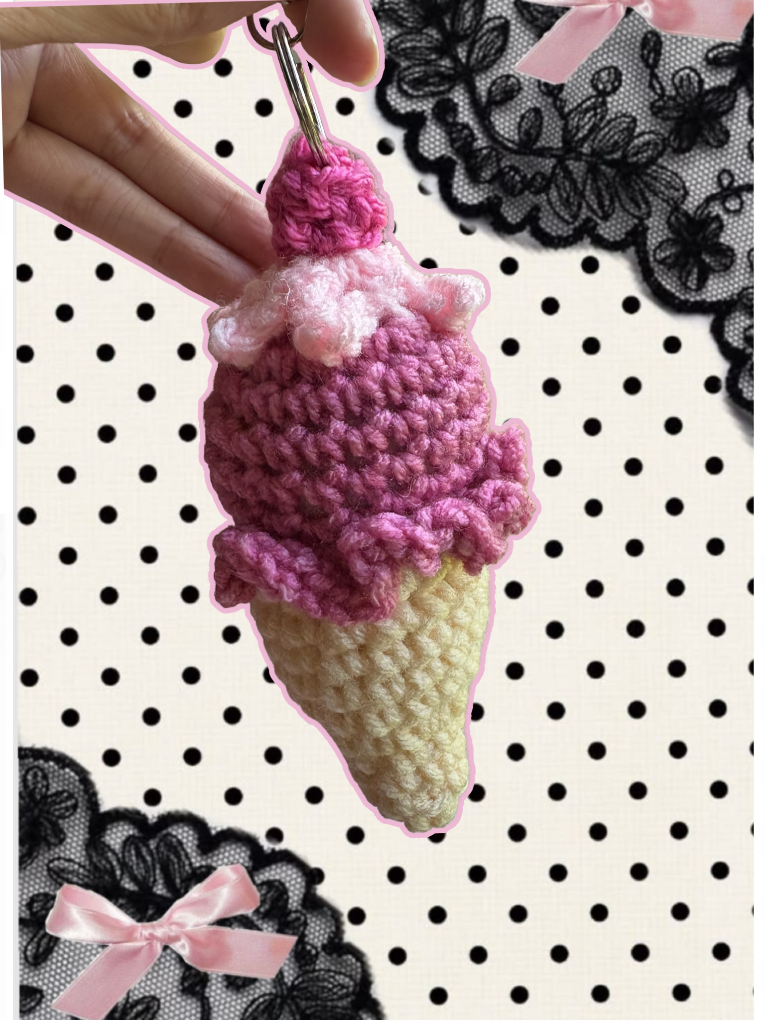 Raspberry flavor ice cream cone keychain