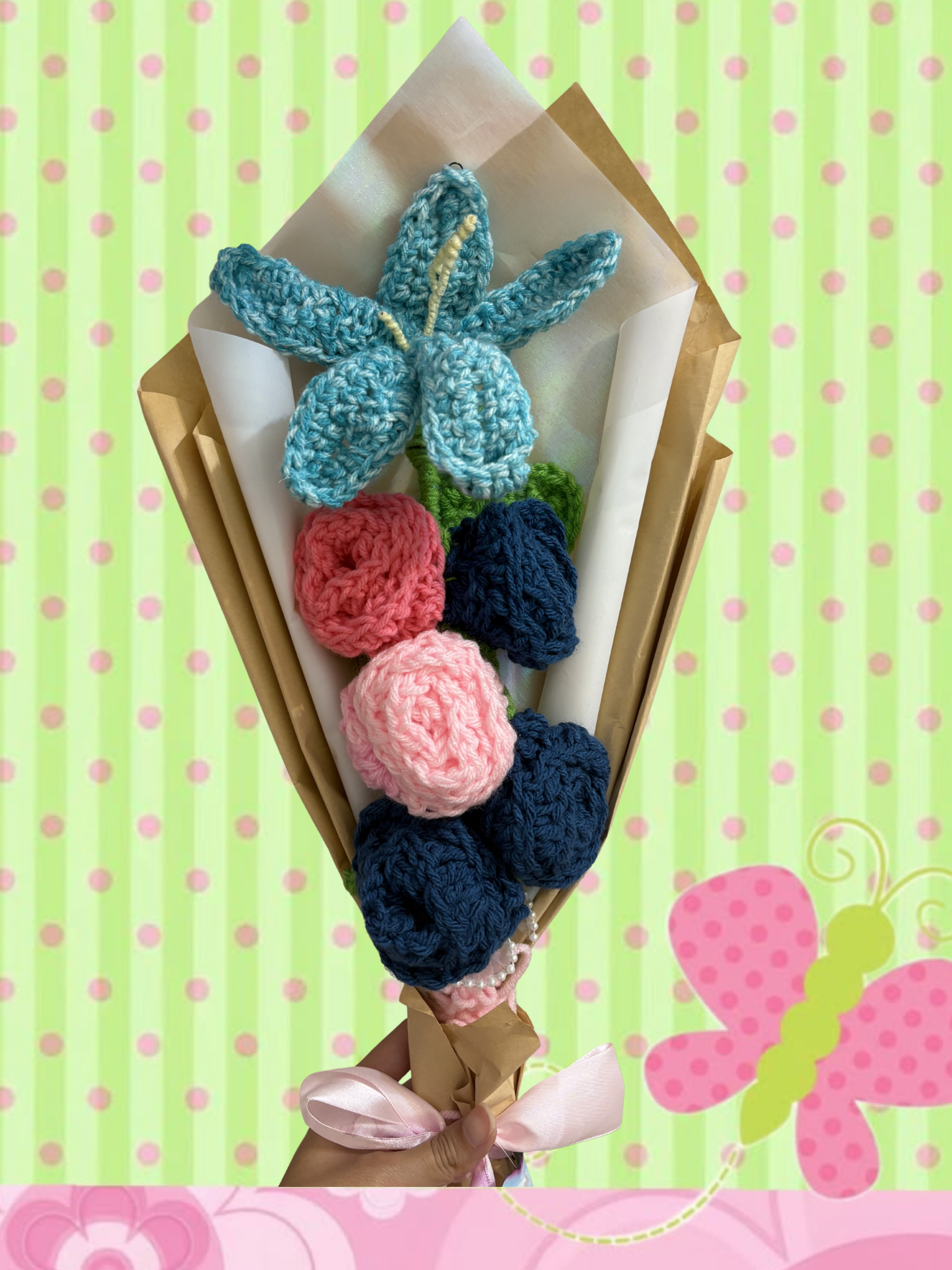 Blue Lily & Rose Crochet Flower Bouquet