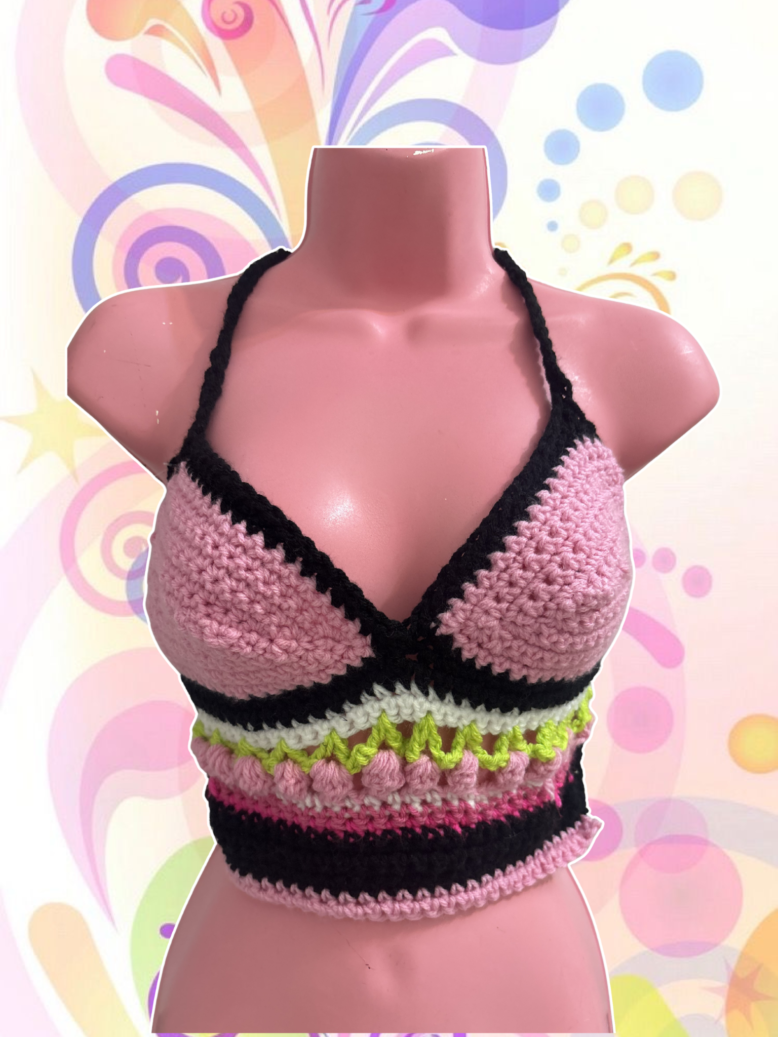 Pink & Black Patchwork Crochet Top